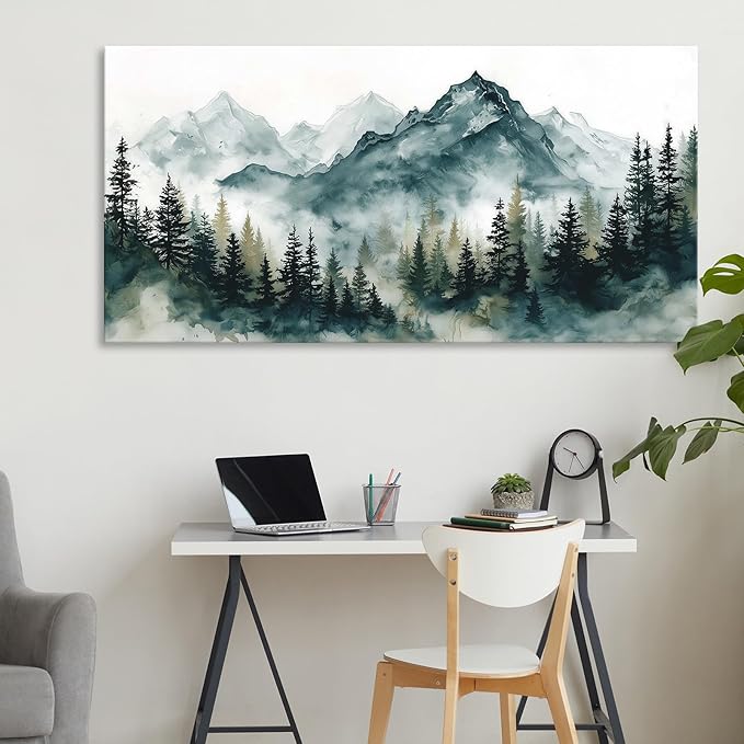 Nature Landscape Wall Art for Living Room, Foggy Forest Mountains Canvas Painting Green Blue Modern Farmhouse Wall Decor for Bedroom, Watercolor Woodland Scenery Prints Artwork Home Decoration 12"X24"