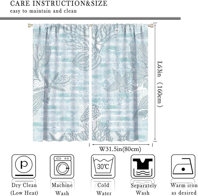 Starfish Curtains，Starfish and Seashells Coastal Curtain Ocean Themed Underwater Marine Decor Waterproof Fabric Curtain Set 2 Panels,63x63 Inches