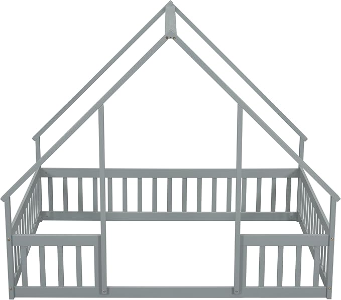 Bellemave Full Floor Bed for Kids, Girls, Boys, Wood House Bed Frame, House Floor Bed for Kids, Full Size Montessori Floor Bed with Fence, Playhouse for Kids, Gray
