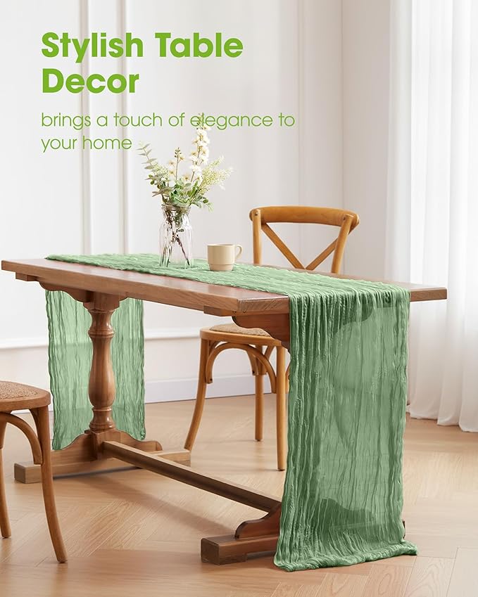 Pureegg 6-Pack Cheese Cloths Table Runner, 120'' Boho Table Cloth Decorations for Party, Baby Shower, Wedding and Farmhouse, Fabric Room Decor, Sage Green