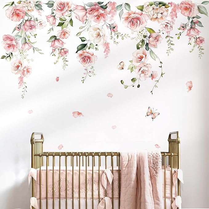 decalmile Large Pink Flower Wall Decals Hanging Vine Floral Wall Stickers Baby Nursery Girls Bedroom Living Room Wall Decor