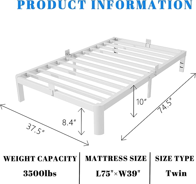 White 10 Inch Twin Bed Frames, Metal Bed Frame Twin Size with Anti-Slip Baffles, No Box Spring Needed, Rounded Corner Legs, Heavy Duty Steel Platform Support, Noise Free, Storage Space