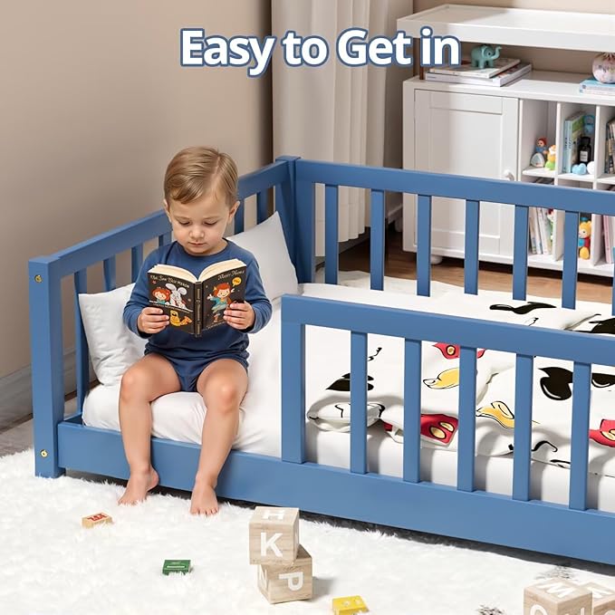 LLS Twin Floor Bed for Kids Toddlers, Solid Wood Multifunctional Montessori Bed Frame with Safety Guardrails, Without Door, Easy Assemble, Mist Blue