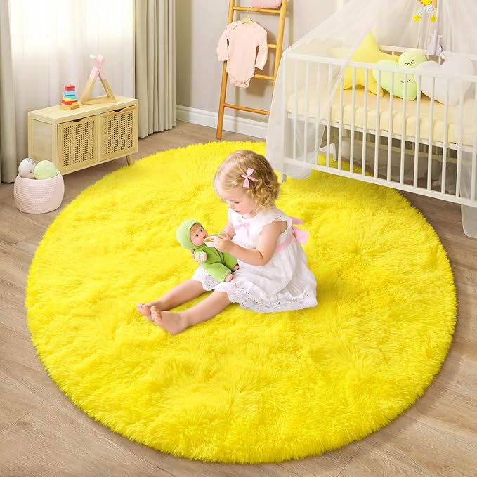 EVOIONOS Yellow Round Rug for Bedroom, 5x5 Ft Fluffy Soft Circle Area Rugs for Living Room, Plush Shaggy Circular Carpet for Indoor Floor Bedside Kids Nursery, Machine-Washable Home Decor Aesthetic
