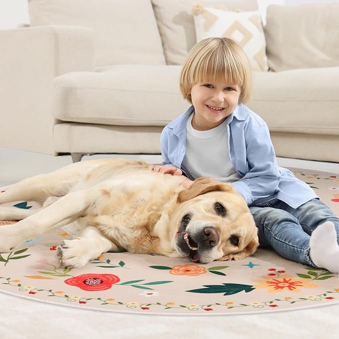 6' Machine Washable Round Area Rug, Non-Slip Vintage Floral Circle Floor Rugs for Kids, Low Pile Room Carpet for Living Room, Bedroom, Dining Room & Nursery(6' Beige Mushroom)