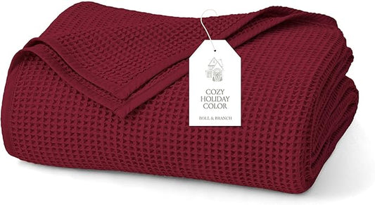 BOLL & BRANCH Waffle Bed Blanket - Full/Queen, Holly - Luxury 100% Organic Cotton - Soft, Lightweight and Breathable - Textured Waffle Weave