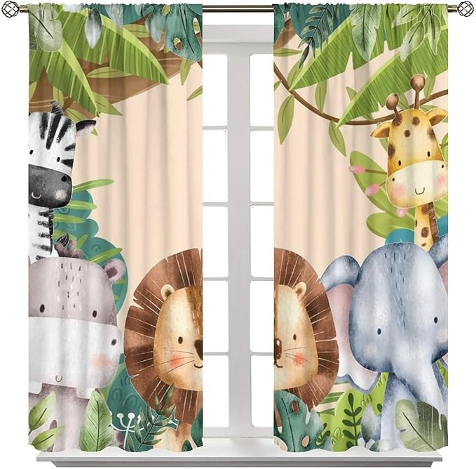 Jungle Animals Curtains Colorful Forest Cartoon Wildlife Lion Giraffe Elephant for Kids Boys Girls Nursery Bedroom Living Room Blackout Rod Pocket Decoration Window Drapes 2 Panels W21xL63in