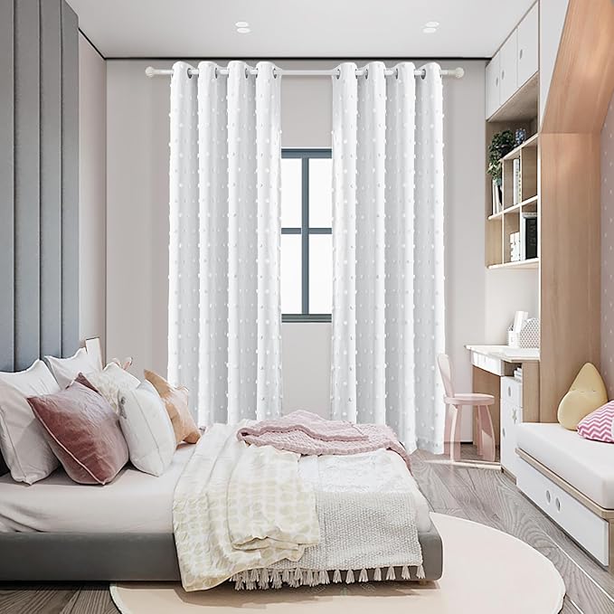 MYSKY HOME 100% Blackout Curtains for Living Room White Curtains 95 Inch Long Light Block Girls Room Drapes Thermal Insulated Room Darkening Curtains with Pom Pom Sheer Grommet 2 Pieces 52W x 95L