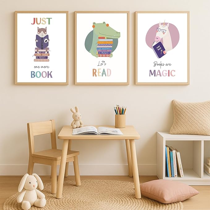 3Pcs Kids Reading Wall Art Children’s Educational Wall Decor Nursery Classroom Painting Cute Animal read Pictures Reading Corner Prints for Children’s Library Kids Room 12x16 Unframed Posters