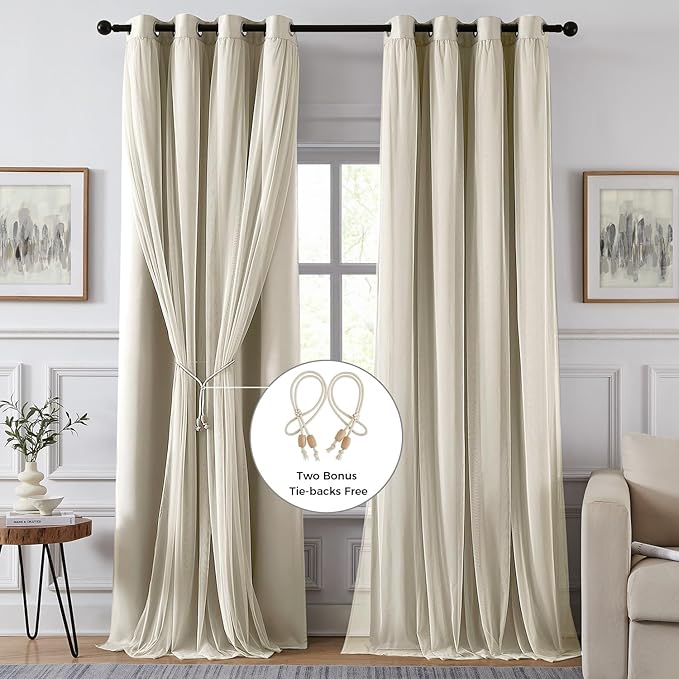 100% Blackout Curtains for Bedroom, Double Layer Ivory Curtains, Black Out Curtain 108 inch long With Sheer Overlay for Living Room, Room Darkening Window Drapes with Grommet, 52"W x 108"L