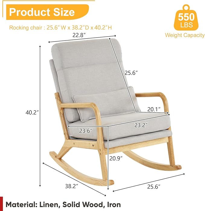 JOYBASE Rocking Chair, Nursery Glider Rocker Chair, Nursing Rocking Accent Chair, Modern Comfy Lounge Armchair with High Backrest for Indoor, Living Room, Bedroom, Nursery (Light Grey, Linen)
