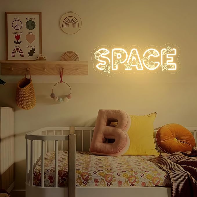 Custom SPACE Neon Sign, Space Theme LED Wall Light, Rocket Astronaut Planet Neon Decor, Cosmic Theme Light Art for Kids’ Bedroom, Nursery Decor, Children’s Play & Sleep Spaces 15.7″ × 5.9″