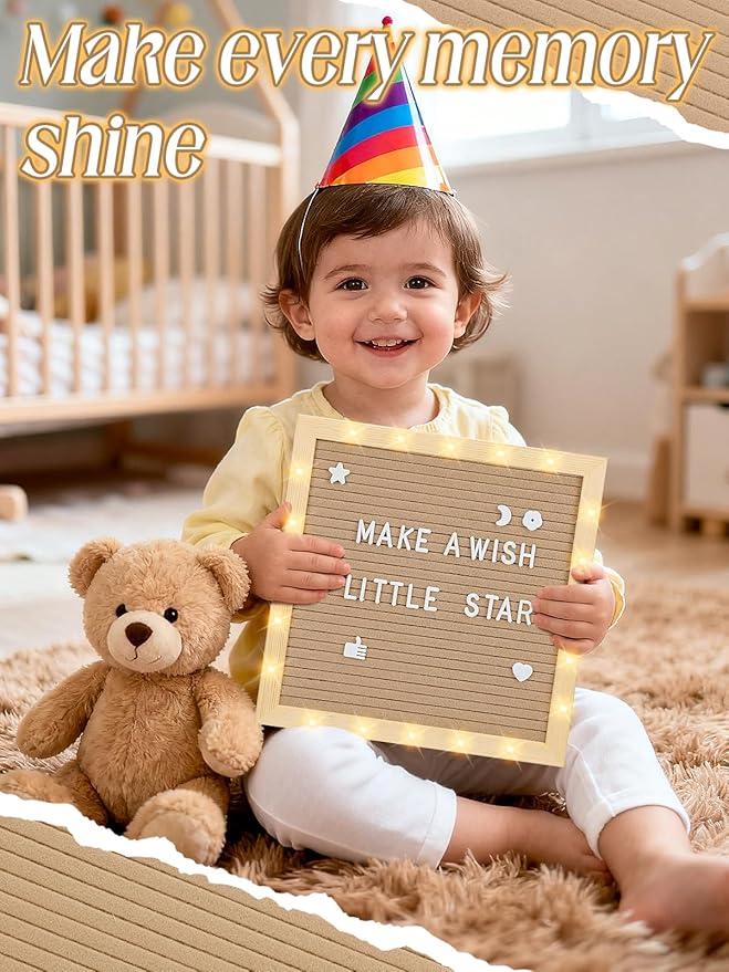 Changeable Felt Letter Board with LED Lights - 10×10" Message Custom Signs & Wood Stand & 450 Letters, Poster Board for Christmas/Pregnancy/Baby Announcement/Classroom Wall Decor Gifts, Camel