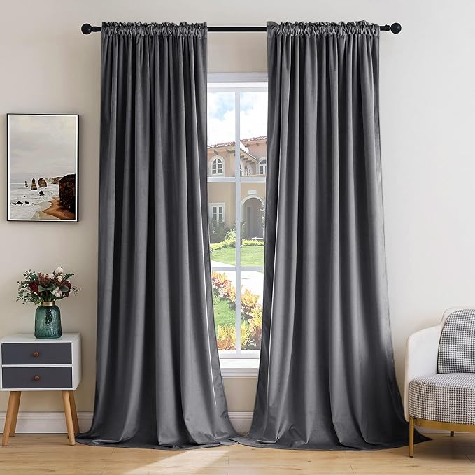 MIULEE Grey Velvet Curtains Thermal Insulated Blackout Curtain Drapes for Bedroom Living Room Darkening 72 Inches Long Curtains Panels Rod Pocket Set of 2