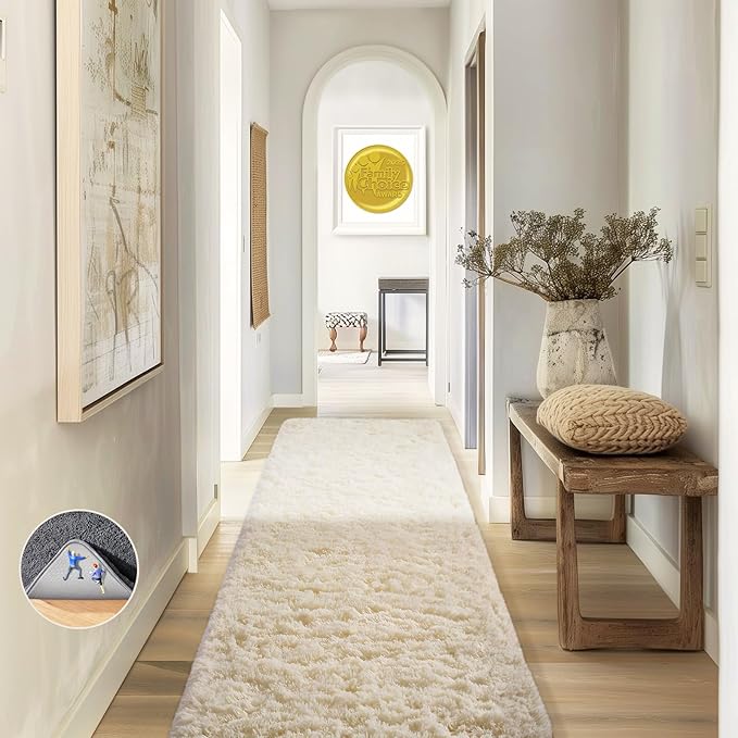 Ophanie Runner Rug for Hallway, 2x6 Upgrade Non-Slip Fluffy Soft Bedside Rugs, Bedroom Living Room Ivory Shaggy Carpet for Kids Girls Boys Dorm Nursery Home Decor Aesthetic