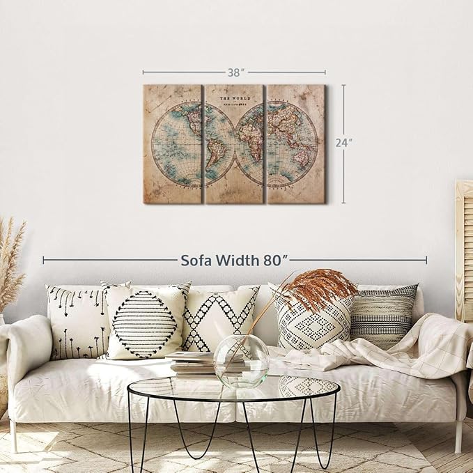 ElephantStock Hemisphere Map Wall Art Multi Piece Canvas - 3 Piece Canvas World Map Wall Decor -Wall Decor Print - Vintage Wall Art - 38" X 24"