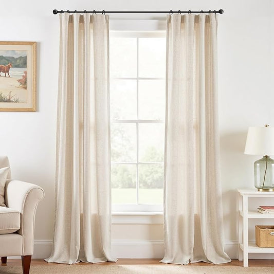 jinchan Beige Linen Blend Curtains 90 Inches Length 2 Panels for Bedroom Bathroom, Natural Farmhouse Country Cottage Core Style 38 Inches Wide Drapes with Rod Pocket Back Tab (38W x 90L, Ecru)