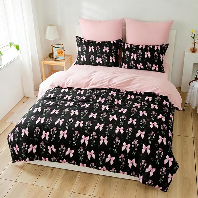 King Duvet Cover 3Pcs Black Pink Bow Bedding Set for Girls Kids, Cute Floral Bowknot Design, Super Soft 100% Microfiber Comforter Cover (2 Pillowcases, No Comforter)