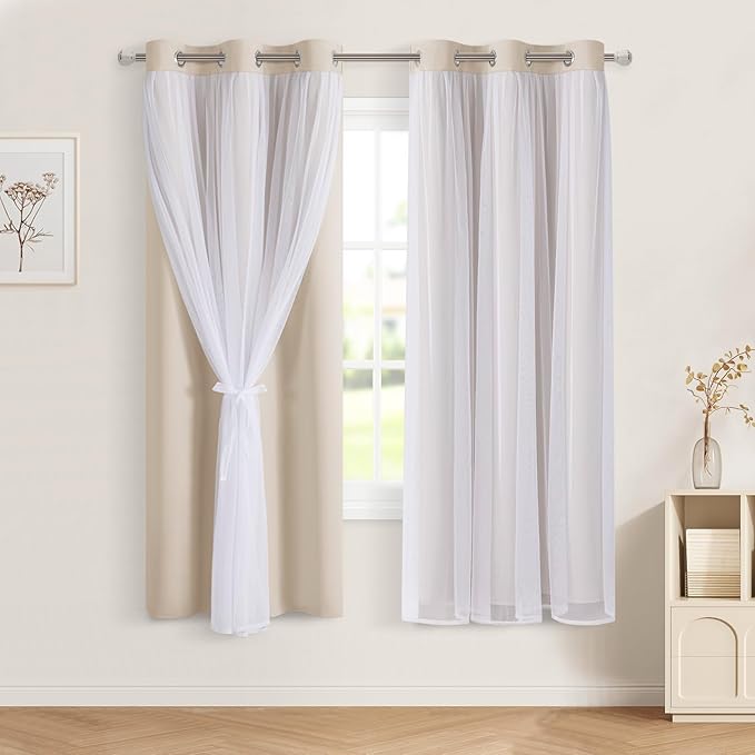 DWCN Beige Layered Curtains for Living Room Blackout and Sheer Curtains Grommet Top Window Treatment with Sheer Overlay for Bedroom, 38 W by 63 L, 2 Pieces
