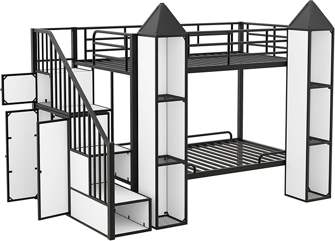 Twin Over Twin Castle-Shaped Bunk Bed with Wardrobe and Multiple Storage, Metal Bunk Bed with Storage Staircase and Safety Guardrail for Kids Teens Boys Girls Bedroom (White+Black 04)
