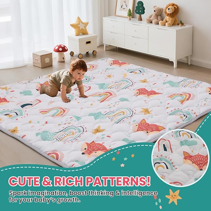 Baby Play Mat for Floor,71x59 Inch Soft Padding Crawling Mat for Playpen, Foldable and Machine Washable, Thick for Babies & Toddlers,Rainbow Fox