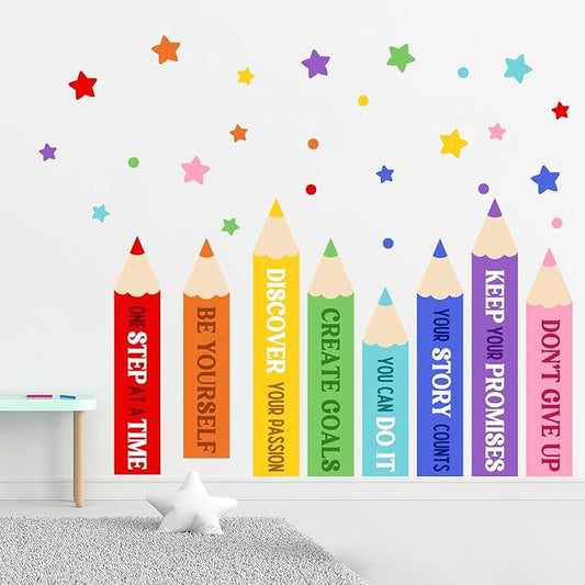 Mfault Colorful Pencil Inspirational Wall Decals Stickers, Cute Motivational Quote Rainbow Stars Nursery Decorations Kids Bedroom Art, Positive Be Yourself Baby Toddler Room Playroom Classroom Decor