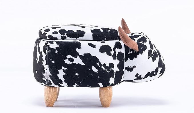 Home 2 Office Cow Ottoman for Kids' Bedroom, Playroom, Nursery, and Living Room, Animal Ottoman with Storage, Footstool for Kids, Black/White