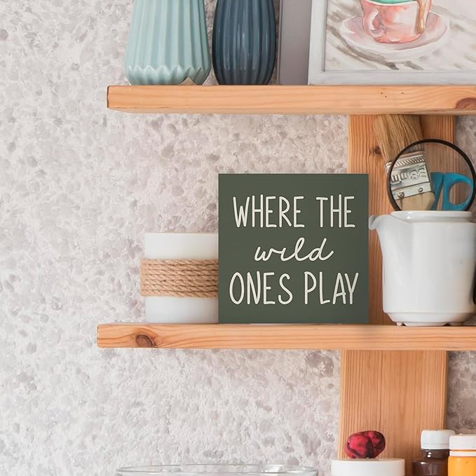 Where The Wild Ones Play Green Wood Box Sign Desk Decor 6x6, Nursery Kids Room Wooden Block Sign Decorations for Playroom Toddler Boys Girls Room Wall Tabletop Shelf Decor