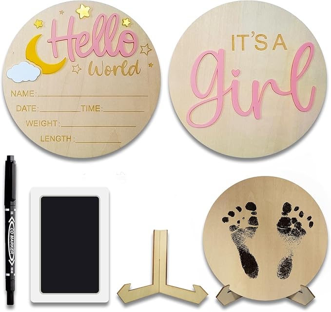 2Pcs Baby Announcement Sign Set, 5.9 Inch Hello World Newborn Sign and IT’S A Girl Welcome Signs, Baby Name Sign with Ink Pad for Hand & Footprints, 3D Wooden Birth Gifts for Hospital Shower Nursery