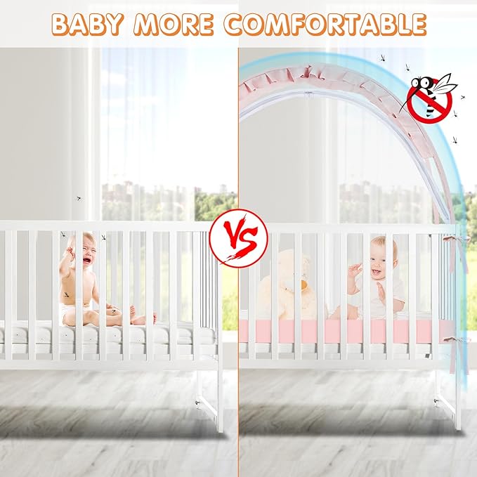Crib Tent to Keep Baby from Climbing Out - Crib Net to Keep Baby in - Pop Up Breathable Cribs Cover - Canopy with Upgrade Strong Mesh and Durable Zipper (Pink, Lager)