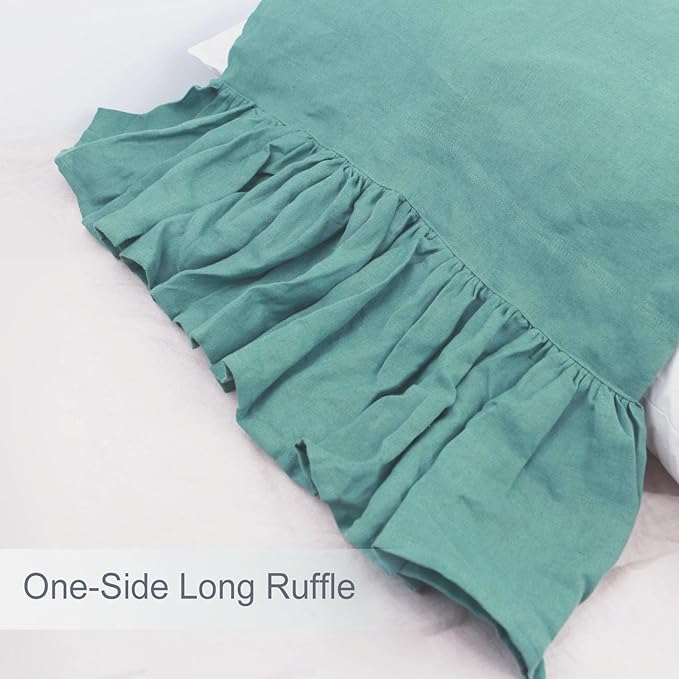 Green Ruffles Linen Pillowcase, 100% French Linen Pillow Cover, King Size 1 Piece Farmhouse Shabby Chic Pillow Case, 20''x36'' Pillowcase with Decorative Ruffle Envelope Closure