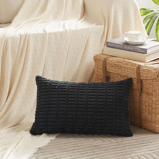 Fancy Homi 2 Packs Black Decorative Throw Pillow Covers 12x24 Inch for Living Room Couch Bed Sofa, Rustic Farmhouse Boho Home Decor, Soft Striped Corduroy Square Cushion Case 30x60 cm