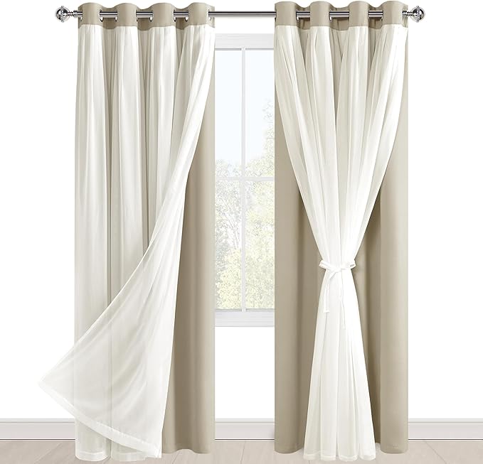 Hiasan Blackout Curtains with Sheer Overlay 84 Inches Long, Thermal Insulated Mix & Match Double Layer Window Curtains for Bedroom, Living Room, Nursery, 2 Panels Sewn with Tiebacks, Taupe, 52W X 84L