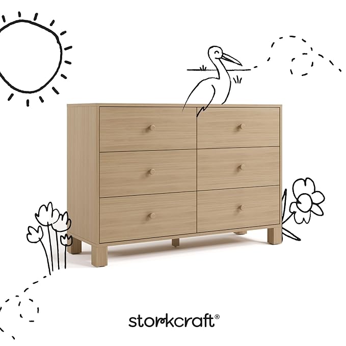 Storkcraft California 6 Drawer Double Dresser (Driftwood) – GREENGUARD Gold Certified, Spacious Storage Organizer for Kids’ Room, Safety Interlocking Drawer System
