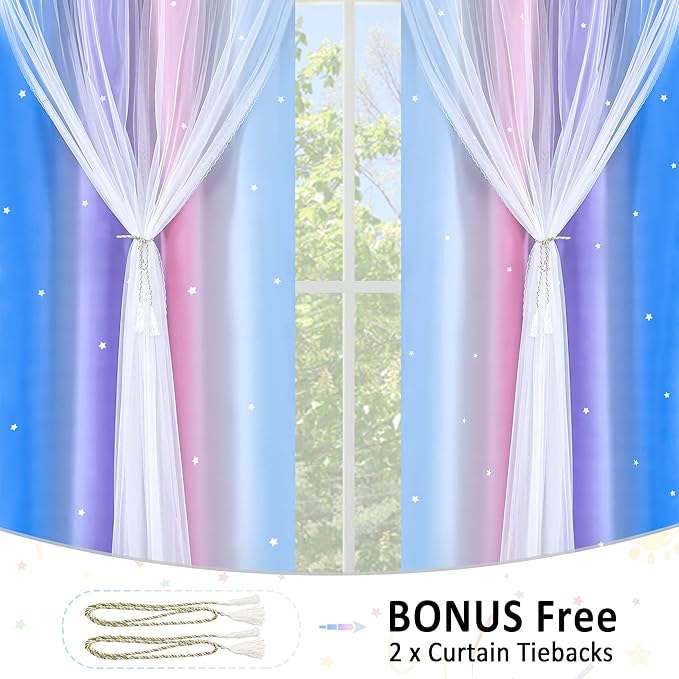 Kinryb Christmas Colorful Star Hollowed Out Curtains Stars Blackout Curtains for Kids Boys Bedroom Living Room Double Layer 2 Panel Rainbow Blue 52W x 45L