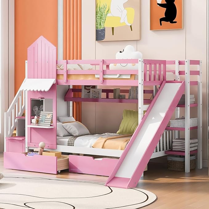 MERITLINE Twin Over Twin Castle Bunk Bed with Slide,Stairs and Drawers,Solid Wood Floor House Princess Bunk Bed with Storage Shelves (Pink)