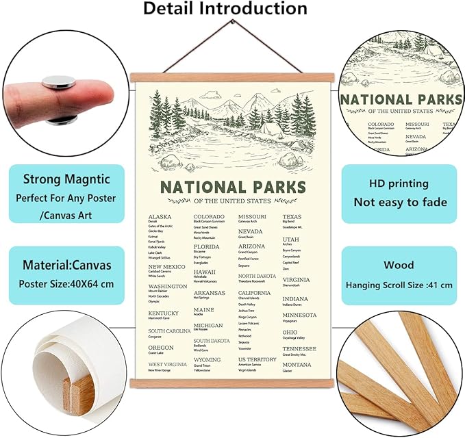 KAIRNE US National Park Checklist Poster,Park Posters for Travel Sign With Wooden Hanging Framed(40CMx75CM),Inspirational Rustic Decor,National Park Map Posters Gift for Hiker or National Park Lover