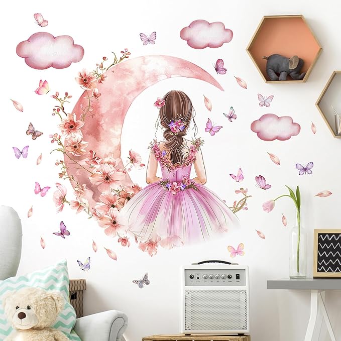 2 Sheets Pink Butterfly Girl Wall Decal - Removable DIY Moon Cloud Wall Decal Vinyl Pink Flower Princess Room Art for Girls Baby Nursery Bedroom Living Room Bathroom Classroom Decoration