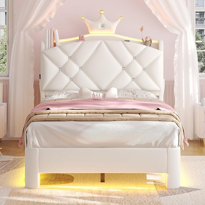 MSmask Twin Bed Frame with LED Lights, Princess Upholstered Bed with Headboard with Charging Station & Crystal Button & Crown, Velvet Platform Bed for Girls, Solid Wood Slats, Curved Legs, White