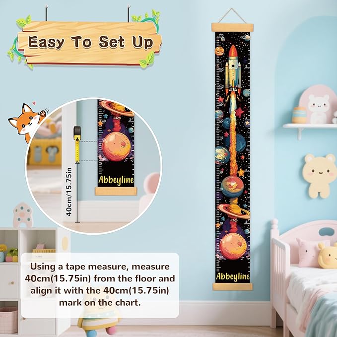 Personalized Name Space Rocket Height Chart for Kids, No-Drill Growth Chart for Wall, Hangable and Removable Growth Chart Ruler, Kids Room Decor & Thoughtful Birthday Gift for Boys and Girls