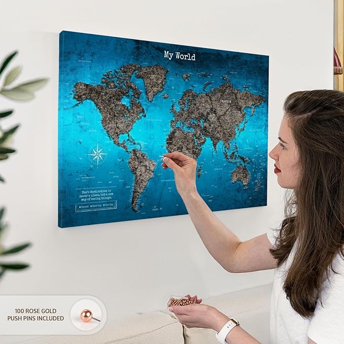ElephantStock - My World Push Pin Travel Map Iii Wall Art - Horizontal Canvas Wall Art - Living Room Wall Decor - Digital Art Map Canvas Art - Turquoise And Blue Decor - 30" x 20"