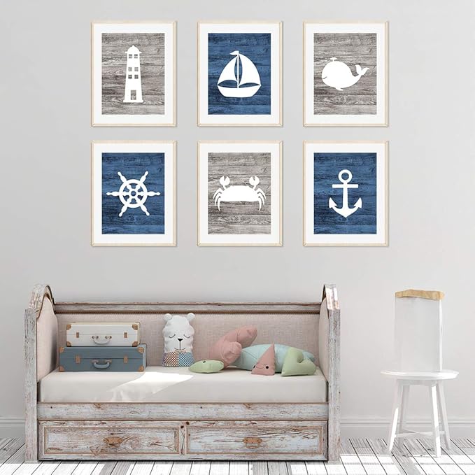 Andaz Press Ocean Nautical Sailor Theme Nursery Kids Bedroom Hanging Wall Art Decor, 8.5x11-inch, Rustic Distressed Blue Wood, Anchor, Lighthouse, Whale, 6-Pack, Unframed Room Poster