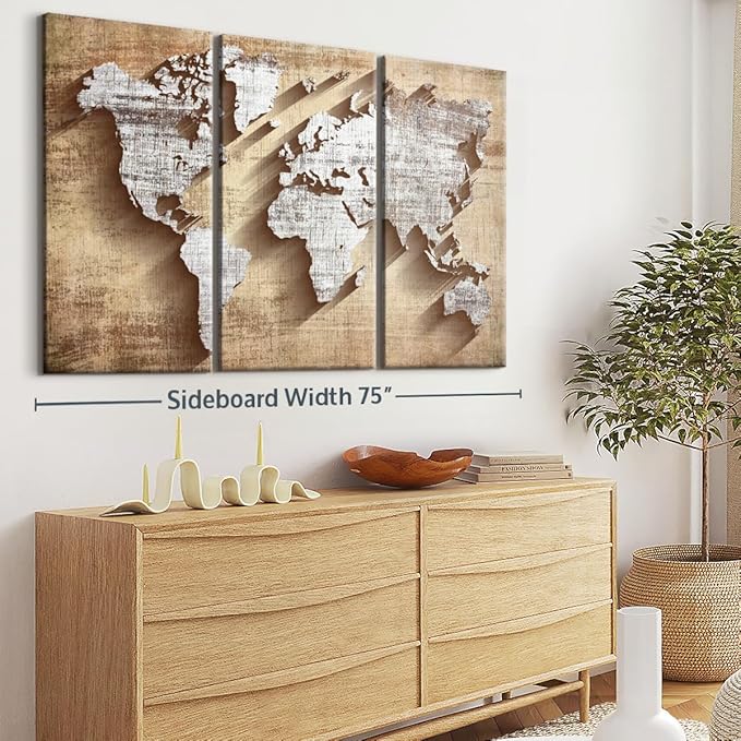 ElephantStock Dimensional World Map II Multi Piece Canvas - 3 Piece Canvas World Map Wall Decor - Wall Decor, Ready-to-Hang Print - Vintage Wall Art - 74" X 48"