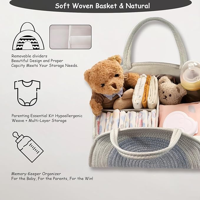 COMFY-HOMI Diaper Caddy Organizer with Gift Bags and Ribbons - Sturdy Cotton Rope Basket for Baby Girl & Boy Newborn Essentials, Large Shower Gift Bag, Nursery Storage Caddy with Handles (white bule)