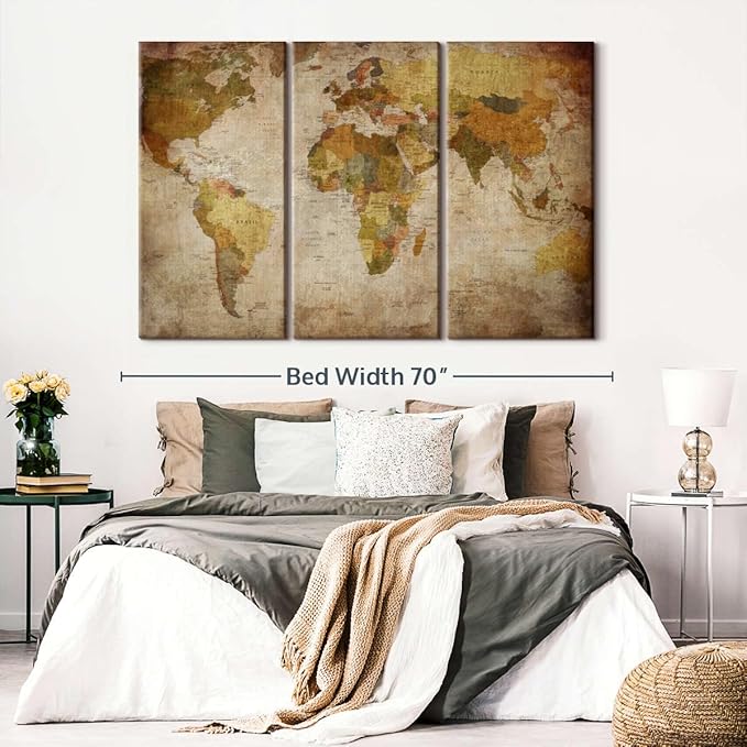 ElephantStock World Map Multi Piece Canvas - 3 Piece Canvas World Map Wall Decor - Wall Decor - Ready-to-Hang Print - Vintage Wall Art - 65" X 42"