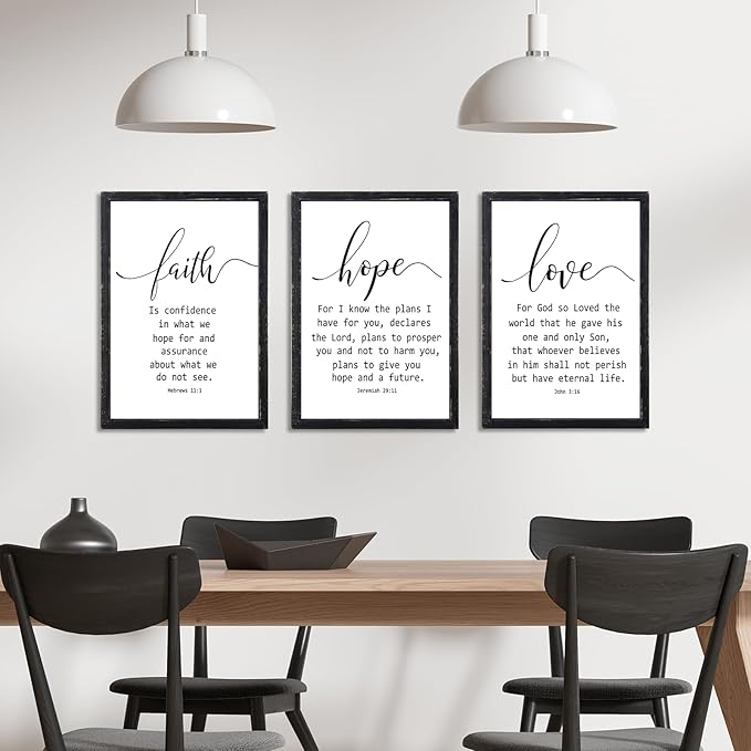 Faith Hope and Love Bible Verses Wall Decor Sign 16x11Inch Wood Framed Set of 3 Farmhouse Living Room Christian Faith Scripture Art Inspirational Religious Quote Love Wall Hanging (Black)