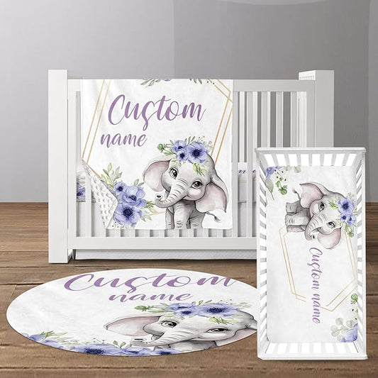 Custom Baby Crib Bedding Set - Purple Flower Elephant Design Personalized Name Baby Nursery Bedding 3 Pcs Set - Chic Soft Blanket, Fitted Sheet, Room Rug for Newborns Boys Girls Gifts