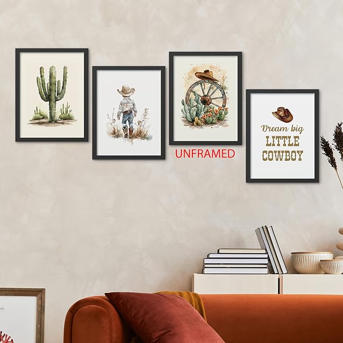 Hxlac Western Cowboy Wall Art Prints Set of 4 Unframed - Desert Cactus Hats Wall Decor for Toddler Kid Boy Room, Dream Big Little Cowboy (12x16Inches)