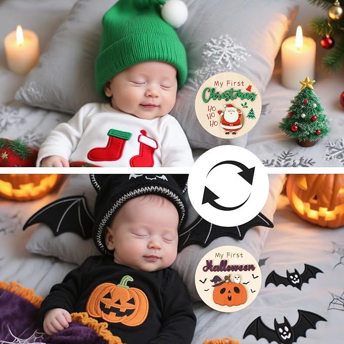 Monthly Baby Milestone Signs, 11PCS Wooden My First Holiday Milestone Cards Newborn Gift, Baby Announcement and Hello World Newborn Sign