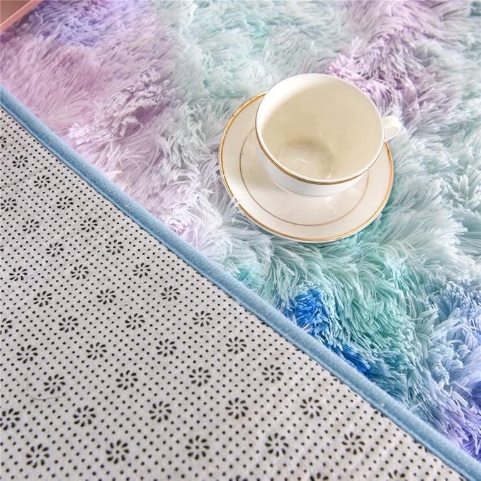 DweIke Fluffy Rainbow Rugs for Bedroom Living Room, 5x8 Feet Soft Plush Shaggy Multicolor Blue Purple Girls Boys Kids Rug, Non-Slip and Machine Washable Carpet for Dorm Nursery Classroom Decor